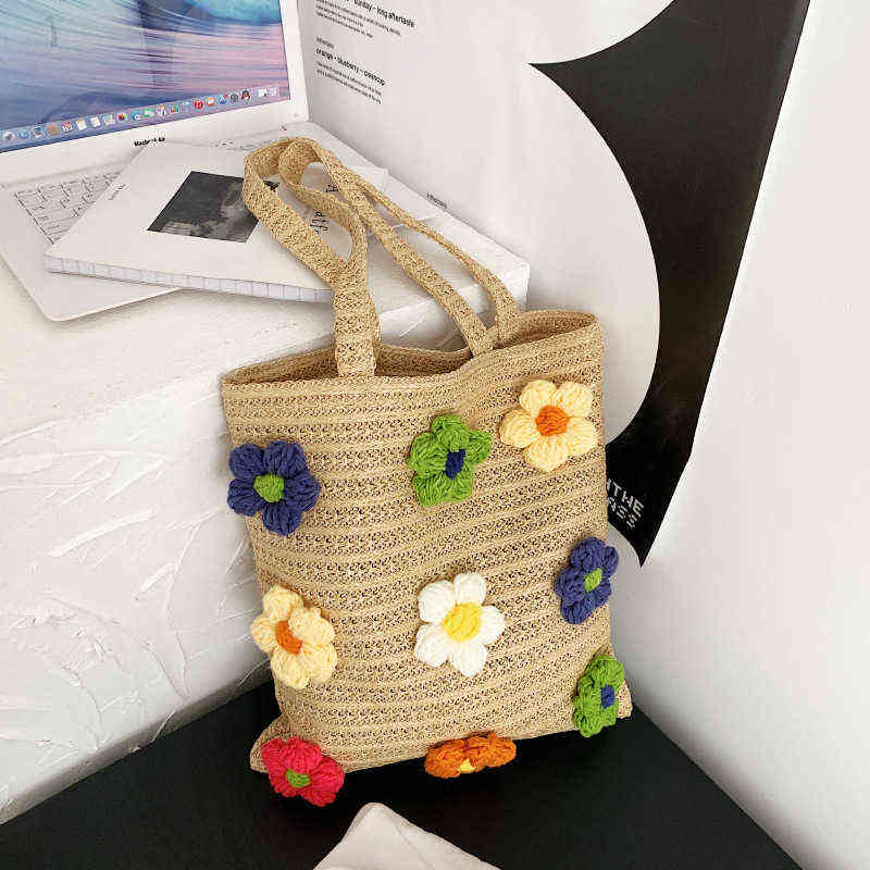 

Summer New Woven Bag Fashion Popular One Shoulder Women's Bag Open Cotton Rope Straw Woven Bag Leisure Handbag 220614, Beige