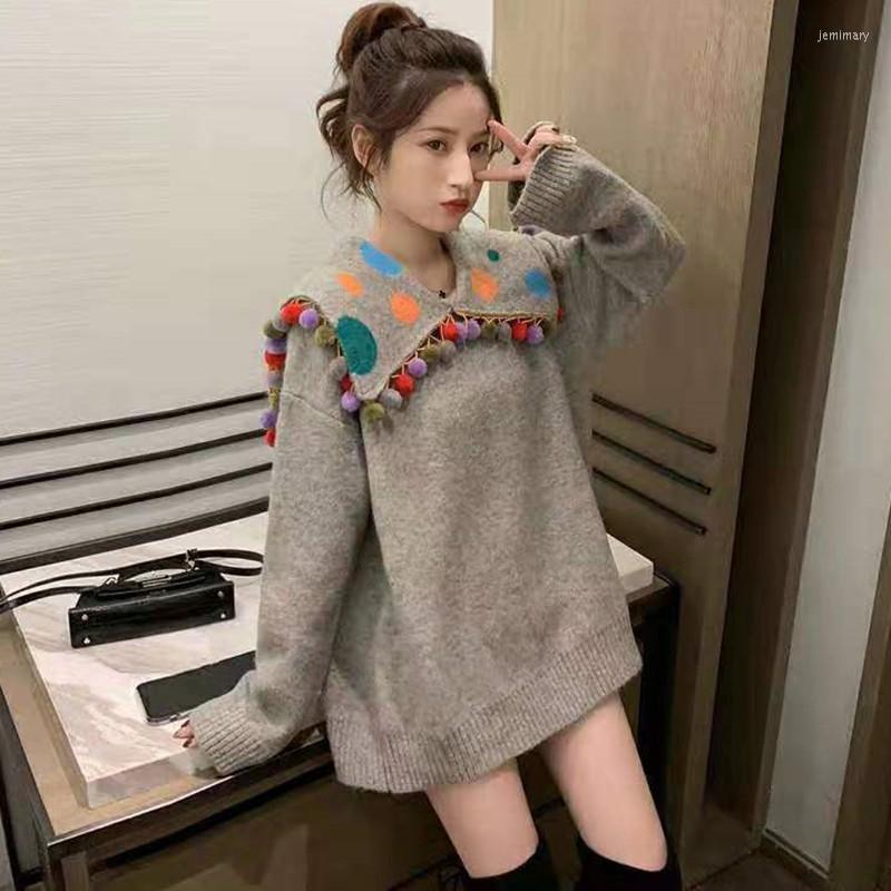

Women's Sweaters Autumn Winter Kawaii Pullover Women Preppy Style Polka Dot Big Sailor Collar Fuzzy Ball Tassel Design Jumpers Ladies Jemi22, Gray