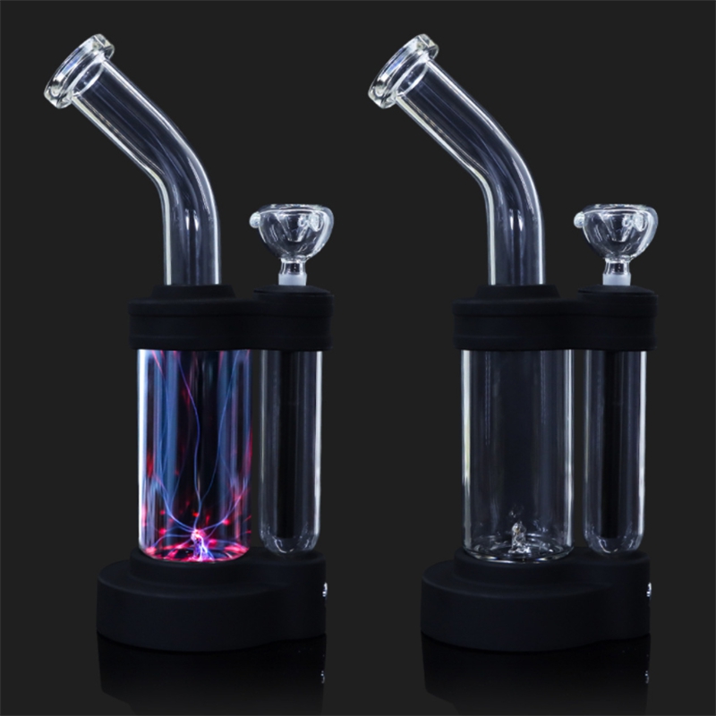 

14mm Joint LED Plasma Hookahs Glow In The Dark Glass Bongs With Bowl Perc Dab Rig Black Oil Rigs Waterpipes Gift Box WP2234
