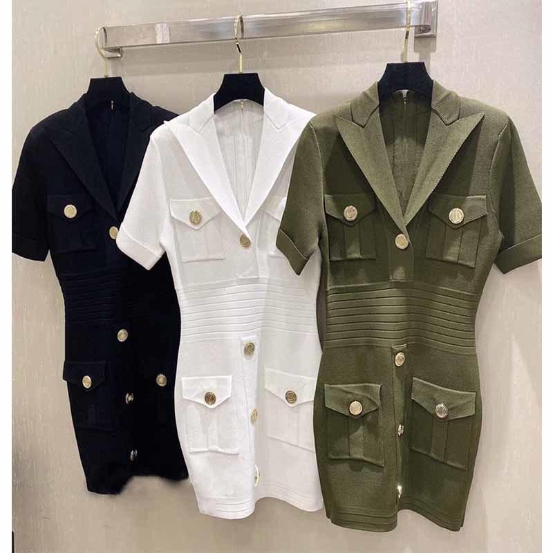 

Party Dresses Cosmicchic 2022 Spring Summer Knitted Bodycon Short Sleeve Dress Turn-down Collar Golden Button Tight Sexy For Women, Black