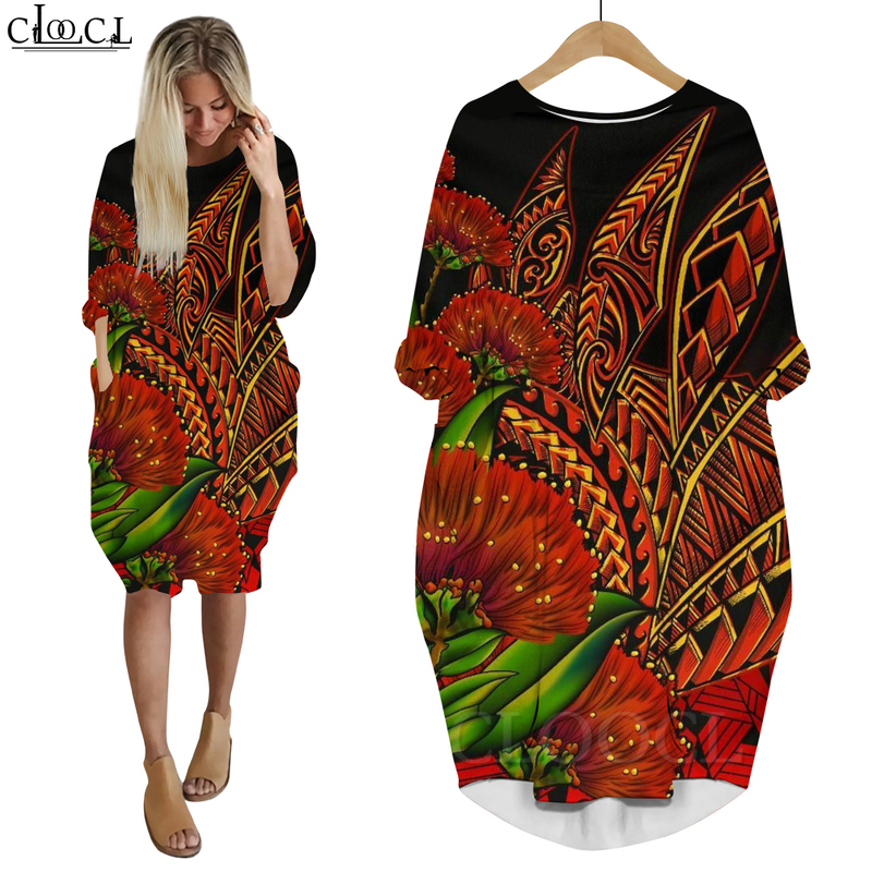 Robe polynésienne pour femmes, motif 3D hawaïen, ample, jupe fille, manches longues, Streetwear, poches, robes décontractées, 220616