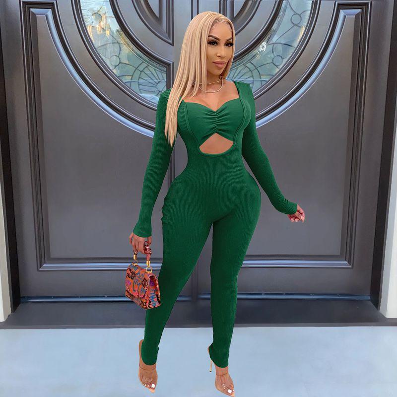 

Women' Swimwear Fall Winter Clothes Solid Sexy Low-cut Long Sleeve Jumpsuit Women Bodysuit One Piece Outfits Nightclub Overalls WholesaleWo, Green
