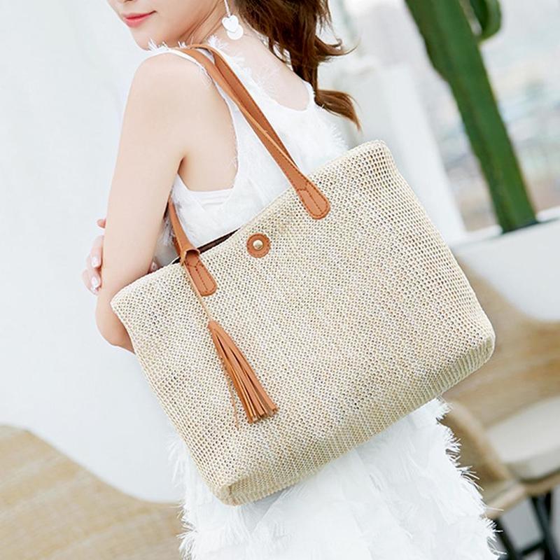 

Evening Bags Ladies Fashion Beach Straw Bag Woven Handbag Natural Simple Shoulder Big
