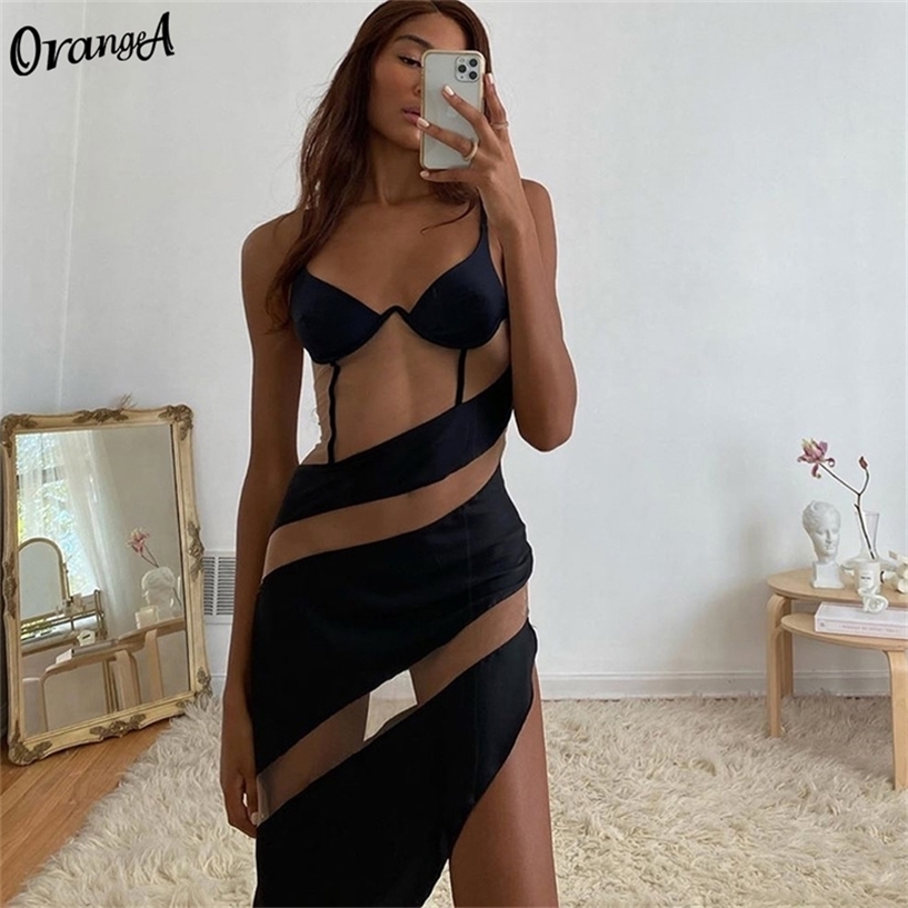 

OrangeA Women Sexy Mesh Patchwork Y2K Bodycon Dress Sleeveless Hollow Out Split Fitness v-Neck Party Clubwear Camisole Vestido 220418, Black