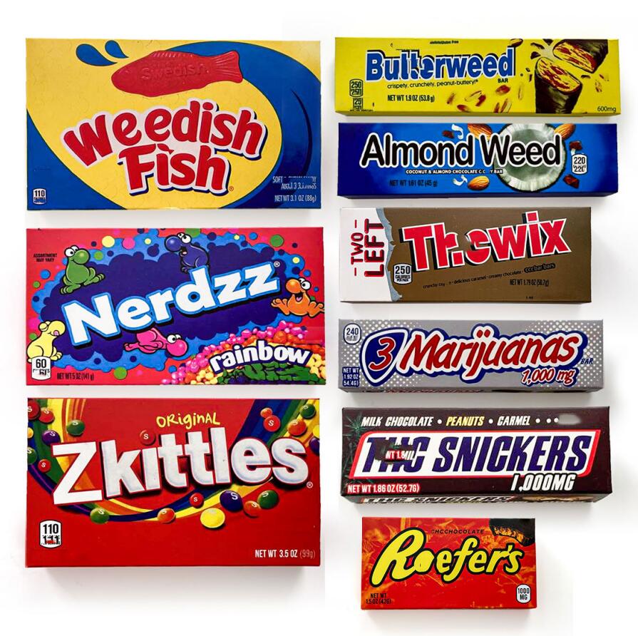

Custom Printed edibles packaging paper box almondweed butterweed payweed thcwix 3 ma rijuanas weedish fish zkittles reefer's znickerz Chocolate paper boxe