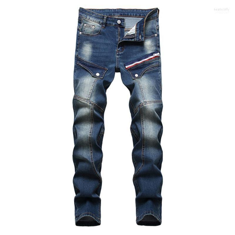 

Men's Jeans Multi Pockets Patchwork Cargo Trendy Plus Size Zipper Stretch Denim Slim Straight Pants Trousers Heat22, Blue