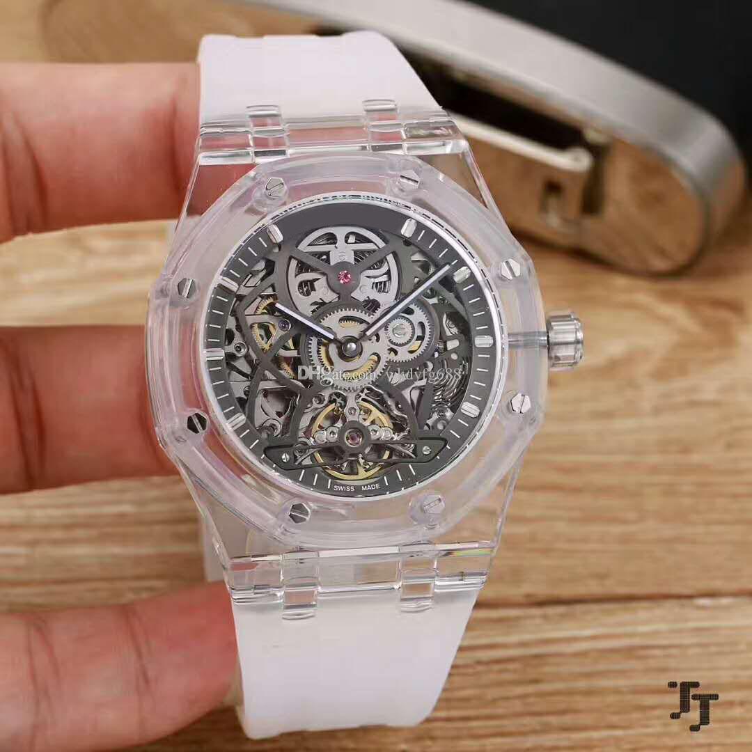 

Hot Luxury Watch Organic glass Case Swiss Automatic Movement 28800 vph Sapphire Crystal openworked Dial Transparent case back
