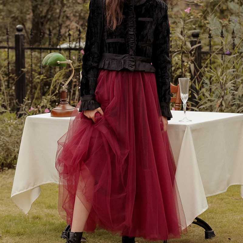 

Skirts Fall Winter Extra Long Wine Red Mesh Expansion Skirt Burgundy Tulle Elastic Waist Boho Beach Travel Big Swing, Claret