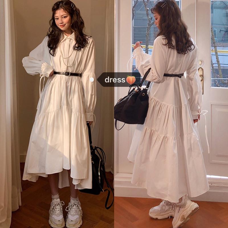 

Casual Dresses Arrival XXL Size Long Sleeve Dress Women Solid Color Vintage Designer Collar Lapel High Waist Draped Korean Clothes, White