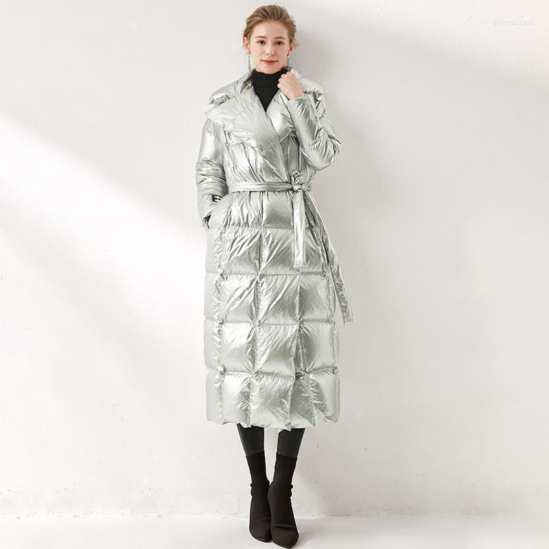 

Men' Down & Parkas Silver Jacket Female European And American High-end Loose Big Yards Bind Over-the-knee White Duck Phin22