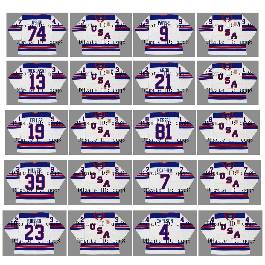 

2010 2014 2016 Vintage Team USA Jersey 74 TJ OSHIE 88 PATRICK KANE 9 ZACH PARISE 13 WERENSKI 21 DYLAN LARKIN 8 JOE PAVELSKI White Custom, As pic