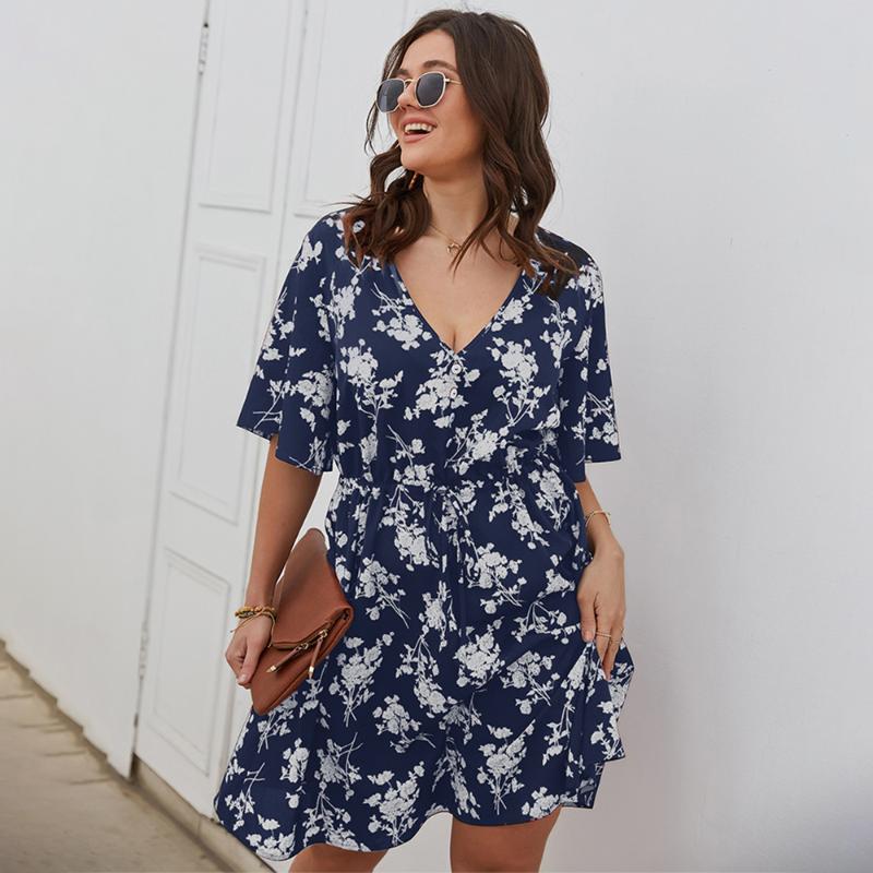 

Plus Size Dresses Women Dress 2022 Print Floral Boho Beach Summer Holiday Casual Short Sleeve V-Neck Sundress -4XL, Red