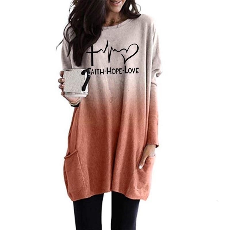 

New Fashion Faith Hope Love Letters Print TShirt For Women Gradient Long Sleeve Pocket TShirt Top Women Plus Size Cropped Y200412, Grey