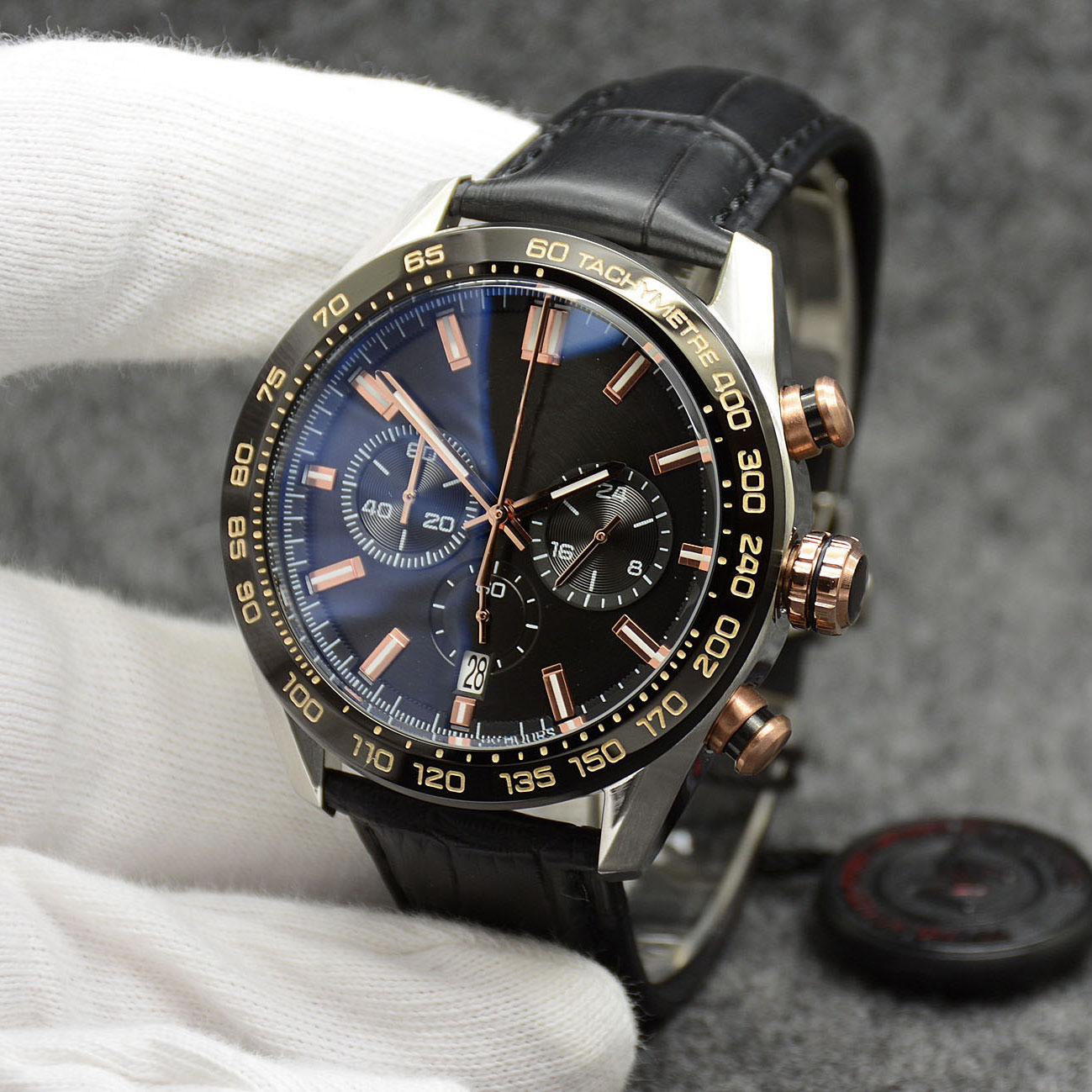 

High Grade Watch 44MM Quartz VK Chronograph Battery Power Mens Watches Stainless Steel Bracelet 5N Rose Gold Case Black Dial Leather Strap Floding Clasp, No send watch for shipping