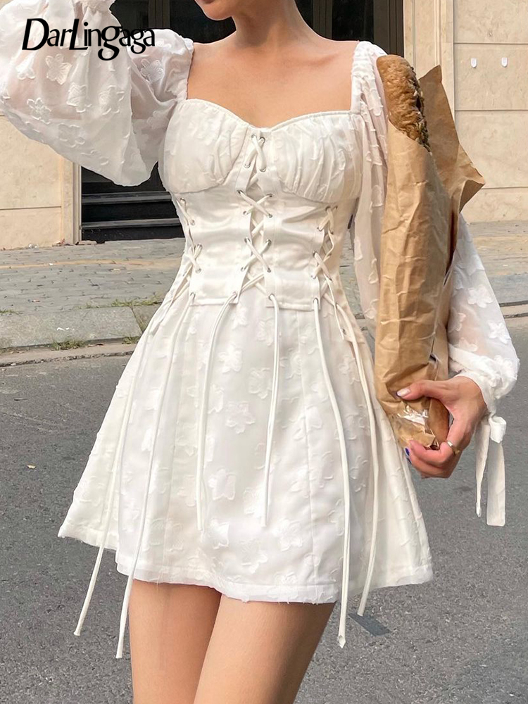 

Darlingaga Chic Elegant Square Collar Jacquard Corset White Dress Women Lace Up Fashion Party Dress Summer Transparent Sundress