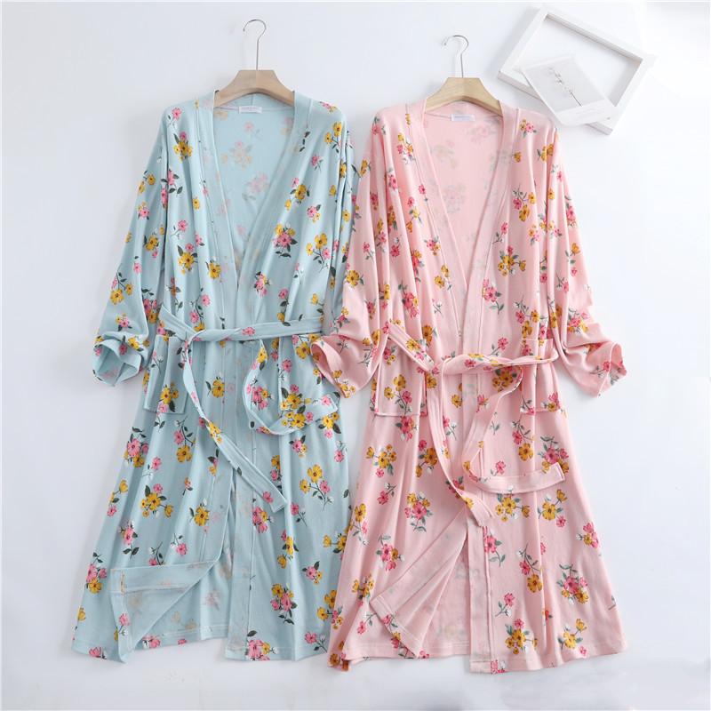 

Women's Sleepwear Spring And Autumn Cotton Waffle Kimono Bride Bathrobe Night Gown Home Wear Women Flower Print Sashes House Robe For WomenW