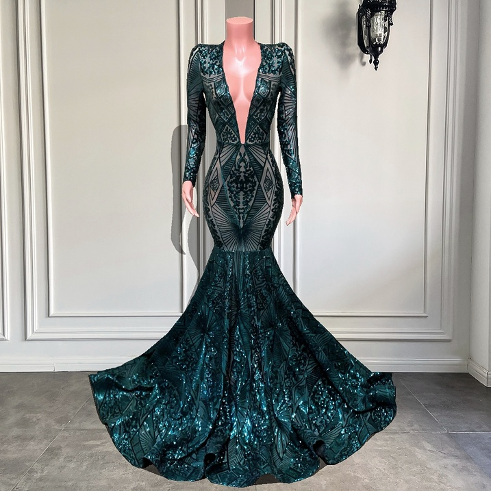 

Long Sleeve Prom Dresses 2022 Sexy Mermaid Sheer Sparkly Emerald Green Sequined Black Girls Prom Gala Party Gowns C0418, Brown