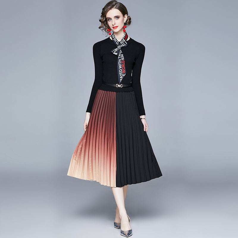 

Fashion Knitted Pullover Panelled Pleated Midi Dress Women 2022 Runway Designer Vintage Long Sleeve Casual Office Dresses Business Party Women Clothes Fall Winter, Pink