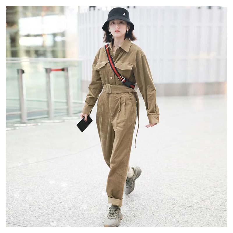 

Women' Trench Coats YUTU&MM Homemade Corduroy Coat Striped Fleece Mid-Length Autumn-Winter Cotton JumpsuitsWomen, Army green