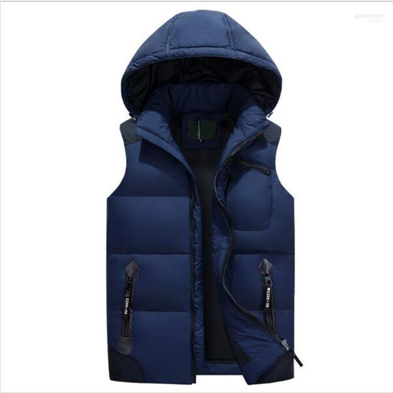 

Men's Vests Wholesale- Mens Duck Down Vest Hooded Warm Chaleco Hombre 5XL Solid Winter Gilet Casual Deachable Hat Sleeveless Wais Guin22, Navy blue