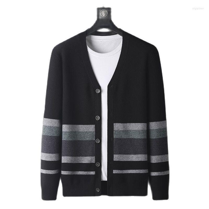 

Men's Sweaters High-end Brand Fashion Striped Formal Business Office Men's V-neck Knitted Cardigan Sweater Male Boutique Casual JacketMe, Black