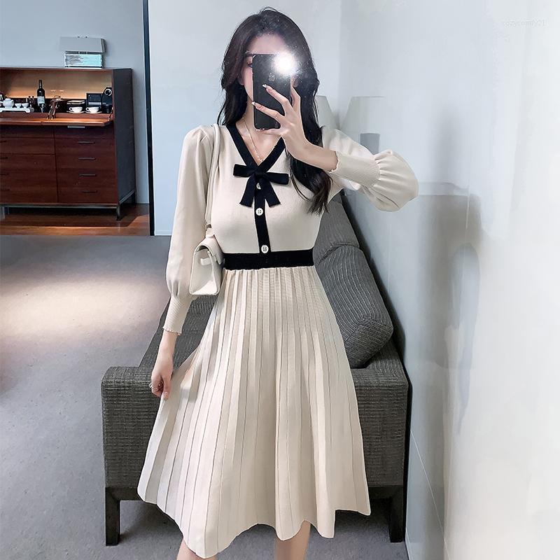

Casual Dresses Autumn Winter Women Hit Color Knit Dress Female Sweet Bow Tie Puff Sleeve Pullovers Warm Sweater Pleated Robe Femme, Photo color