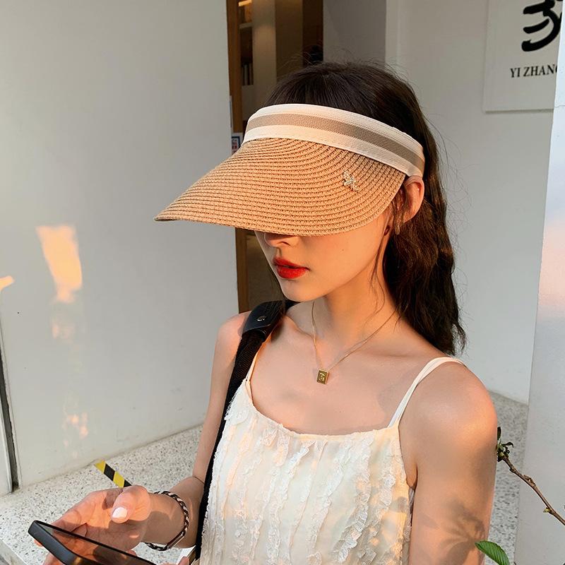 

Wide Brim Hats Fashion Summer Woman Sun Anti-UV Female Outdoor Visor Caps Hand Made Beach Straw Cap Casual Shade Empty Top HatWide, White