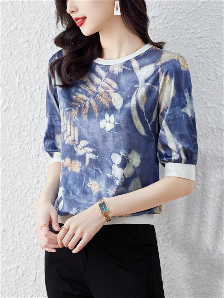 

Women's T-Shirt Elegant Women Fashion Floral Print Blue Satin Short-sleeve Loose Pullover Top Office Lady Formal Shirts Tees Summer 2022Wome