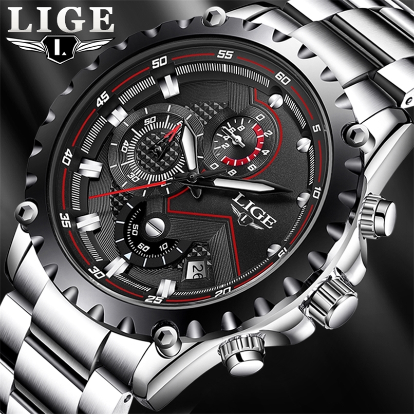 

LIGE Fashion Mens Watches Top Luxury Brand Silver Stainless Steel 30m Waterproof Quartz Watch Men Army Military Chronograph 220407, M silver blue