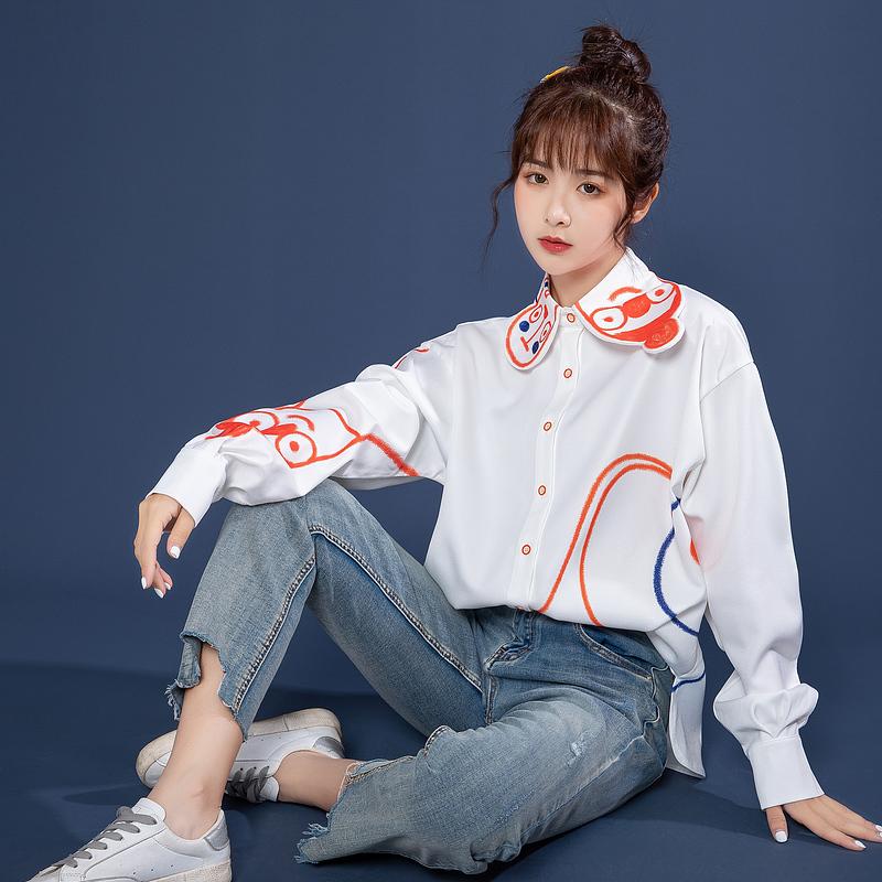 

Women' Blouses & Shirts Streetwear Graffiti Print Blouse Lolita White Shirt Women Cartoon Cute Lapel Oversize Harajuku Tops Chemise Femme