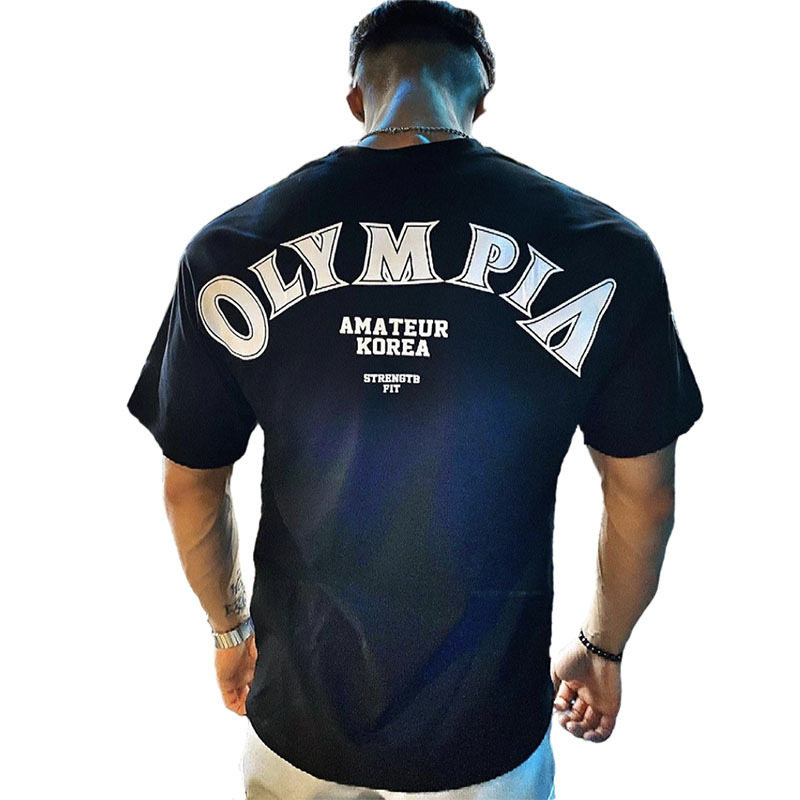 

OLYMPIA Cotton Gym Shirt Sport T Men Short Sleeve Running Workout Training Tees Fitness Loose large size M-XXXL 220419, Black and white