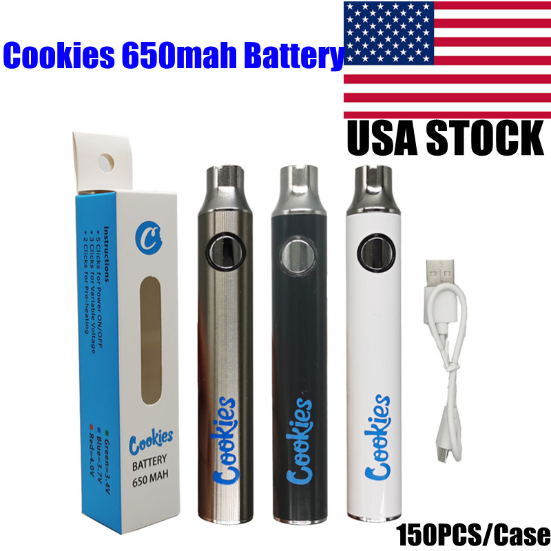 

USA STOCK Cookies Battery 650mAh Vape pen Adjustable Variable Voltage 510 Thread Batteries Preheat Retail Packaging with USB Charger Allow Customize 150pcs/box