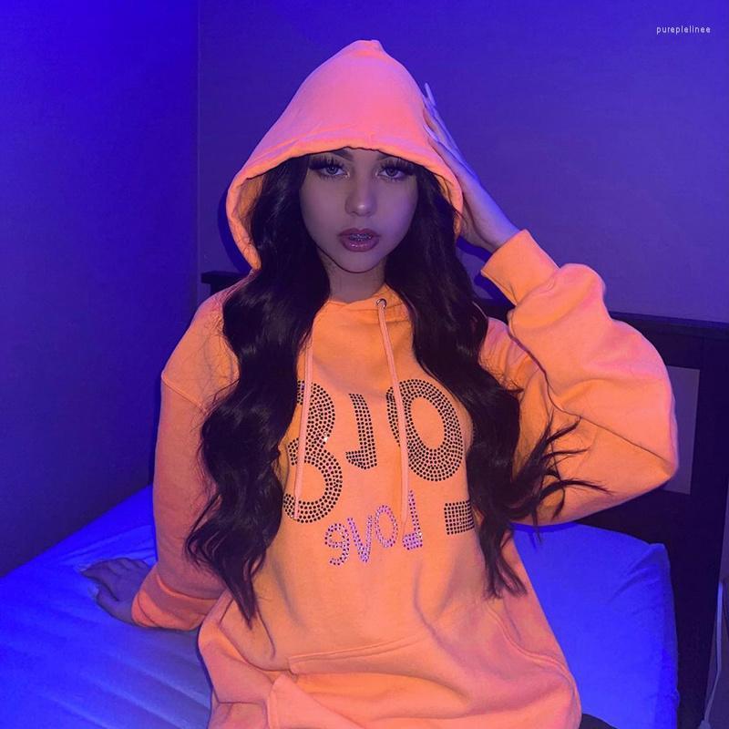 

Women' Hoodies & Sweatshirts Sylph Long Sleeve 2022 Fashion Causal Loose Female Clothing Letter Diamonds Solid Pocket Hooded Sweatshirt, Orange