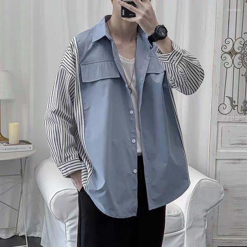 

Men's Casual Shirts Man Retro Color-matching Stripe Handsome Shirt Boys Autumn Korean Fashion Loose Long-sleeved Coats Men Clothes, Blue