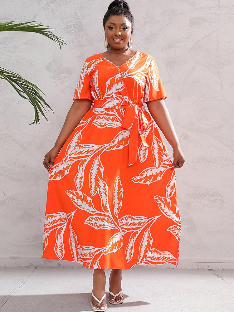 

Plus Size Dresses Summer 2022 Midi Dress For Women V Neck Short Sleeve Empire Swing Africa Floral Oversize Clothes 5XL 4XL Orange 2022Plus, Orange dress