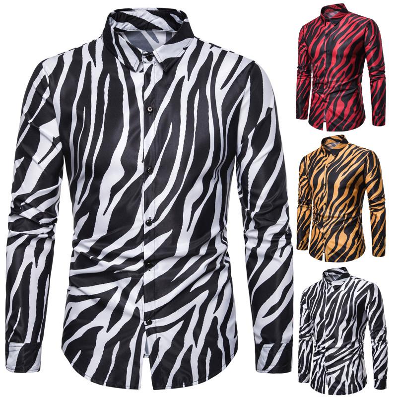 

Men's Casual Shirts Nightclub Party Zebra Striped Mens Slim Fit Long Sleeve Camisa Social Dress Chemise Homme 3XLMen's, Red