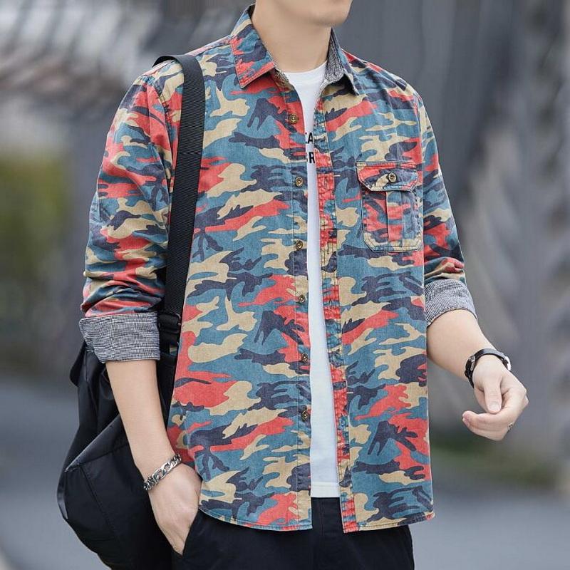 

Men's Casual Shirts Cotton Camouflage Shirt Men's Long Sleeve Retro Outdoor Workwear Oversized ShirtMen's, Camouflage white