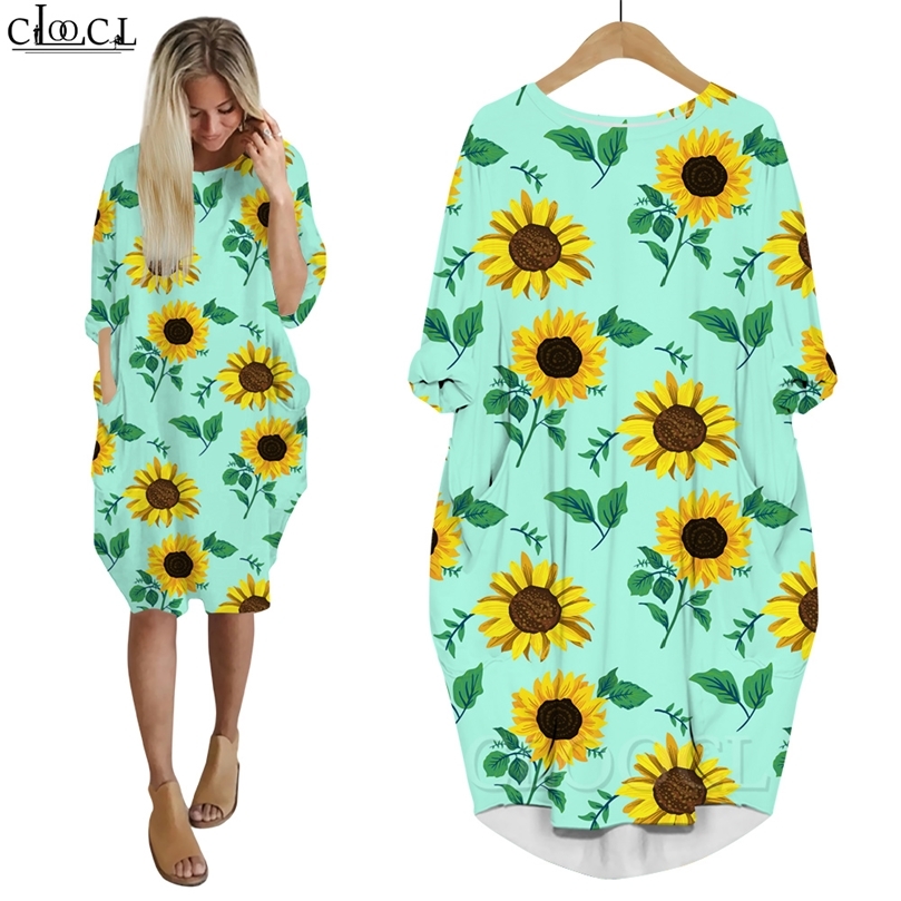 Femmes robe belles fleurs de tournesol 3D jupe ample à manches longues robes de fille décontracté robe de poche robes féminines W220616