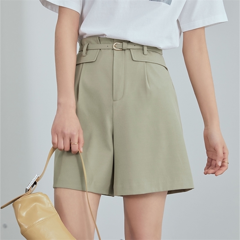 

FSLE High Waist Summer Casaul Shorts Women Belt Pleated Wide Leg Black Shorts Office Lady Elegant Green Short Pants Female 220419