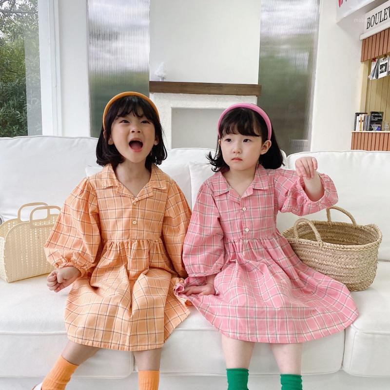 

Girl's Dresses Casual Girls' Clothing 2022 Spring And Autumn Children's Plaid Dress Long Sleeve Lapel Girls Princess 5 6 Year, Orange