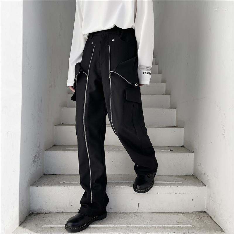 

Men's Pants Designer Style Dark Black Japanese Harajuku Zipper Decoration Casual Men's Large Pocket Overalls Detachable TrousersMen', As pic