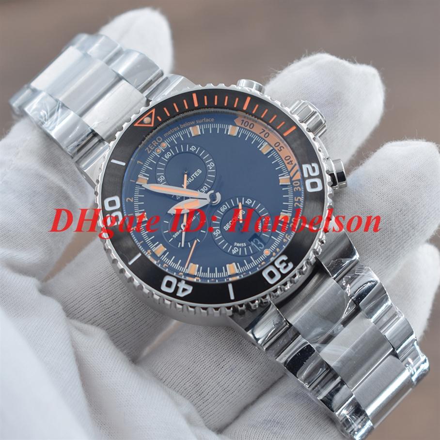 New sports mens watch 01 774 7708 4154-Set VK Japan quartz movement Stopwatch Black calendar Stainless steel strap Gents wristwatc222j