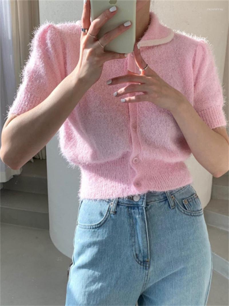 

Women's Knits & Tees HziriP Patchwork Lapel Short Sleeve Coats Women High Waist Soft Cardigans 2022 Loose Sweet Fashion All Match Casual Swe, Blue