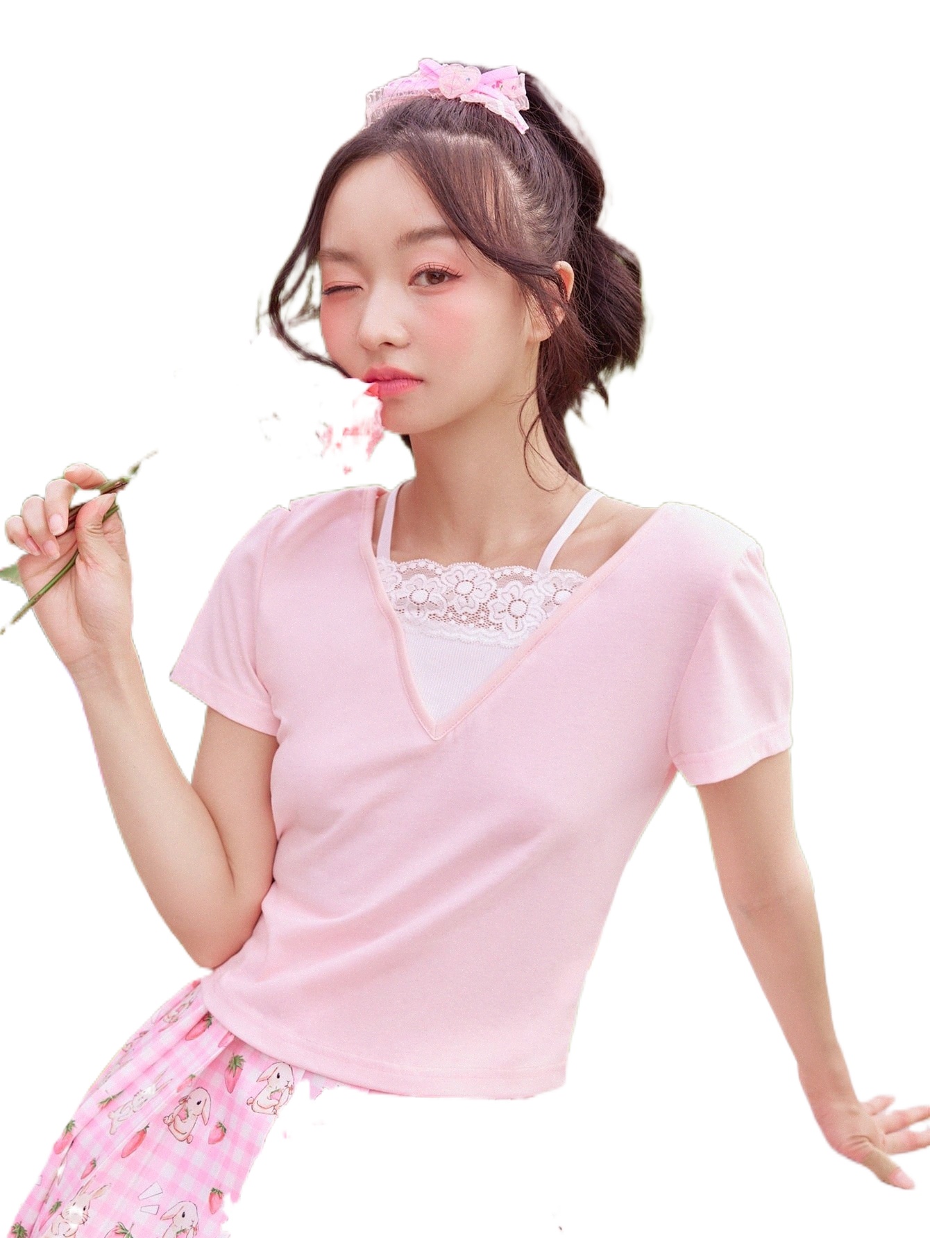 

kawaii 2 In 1 Contrast Lace Tee v4aP#, Pink