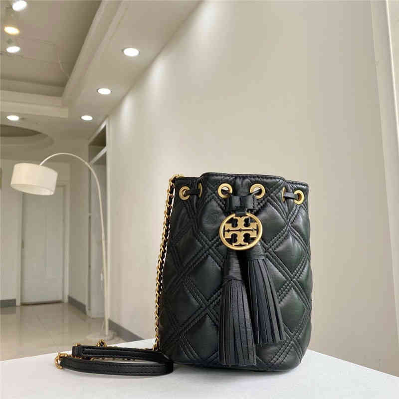 

Luxury Designer T0ryss Handbags Mini Bucket Bag Mouth Drawstring Sheepskin Electric Embroidered Lingge Single Shoulder Messenger Small Women's, Black