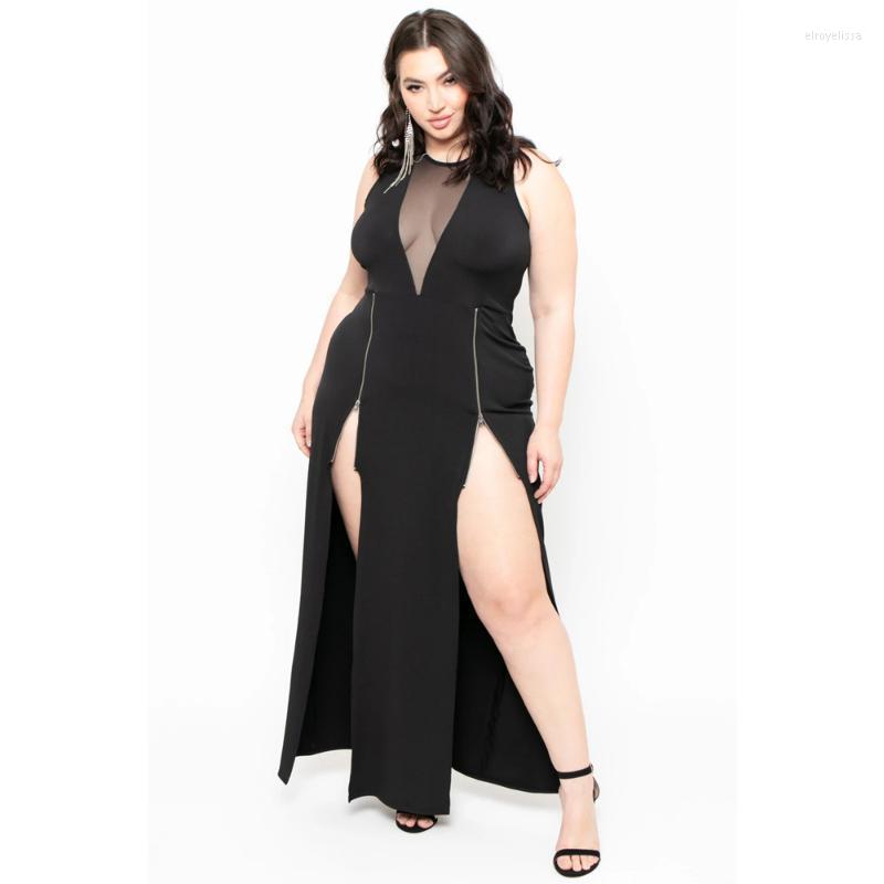 

Plus Size Dresses Women's Black Sleeveless Zipper Mesh High Slit Dress O Neck Large Ladies Sexy Fat Maxi 5XL 2022Plus Elro22