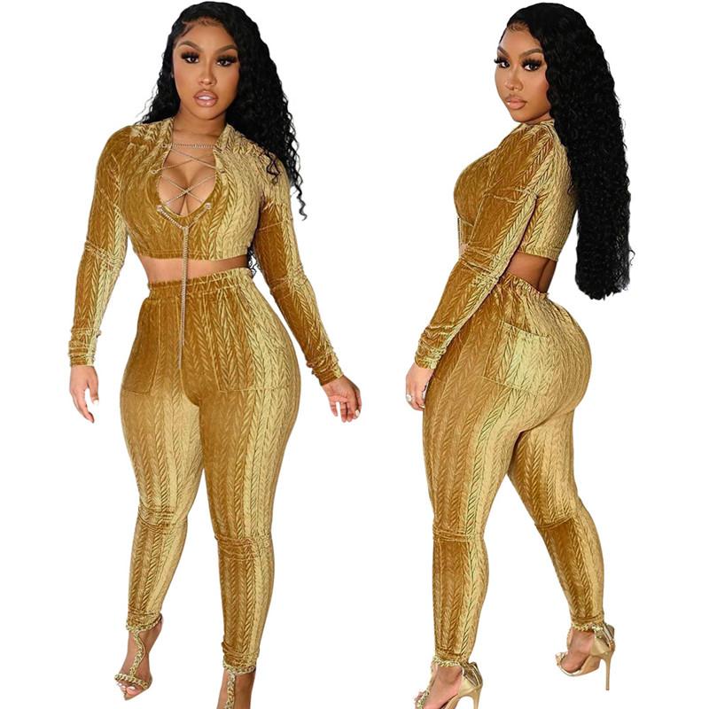 

Women' Two Piece Pants WUHE Sexy Velvet Outfits For Women Birthday Night Club Matching Sets Chain Lace Up Crop Top Skinny Set, Yellow
