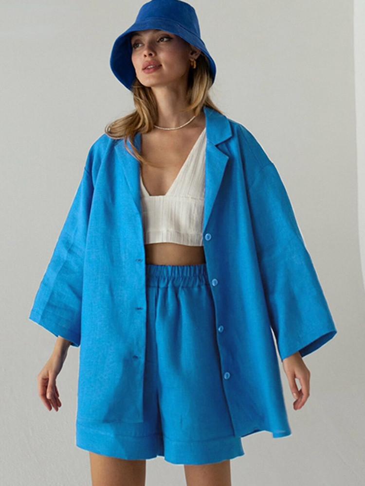 

Women' Tracksuits Female Fashion Loose 2 Pieces Outfits Women Summer Cotton Shorts Suits 2022 Long Sleeve Casual Tops And Wide Leg SetsWome, Blue
