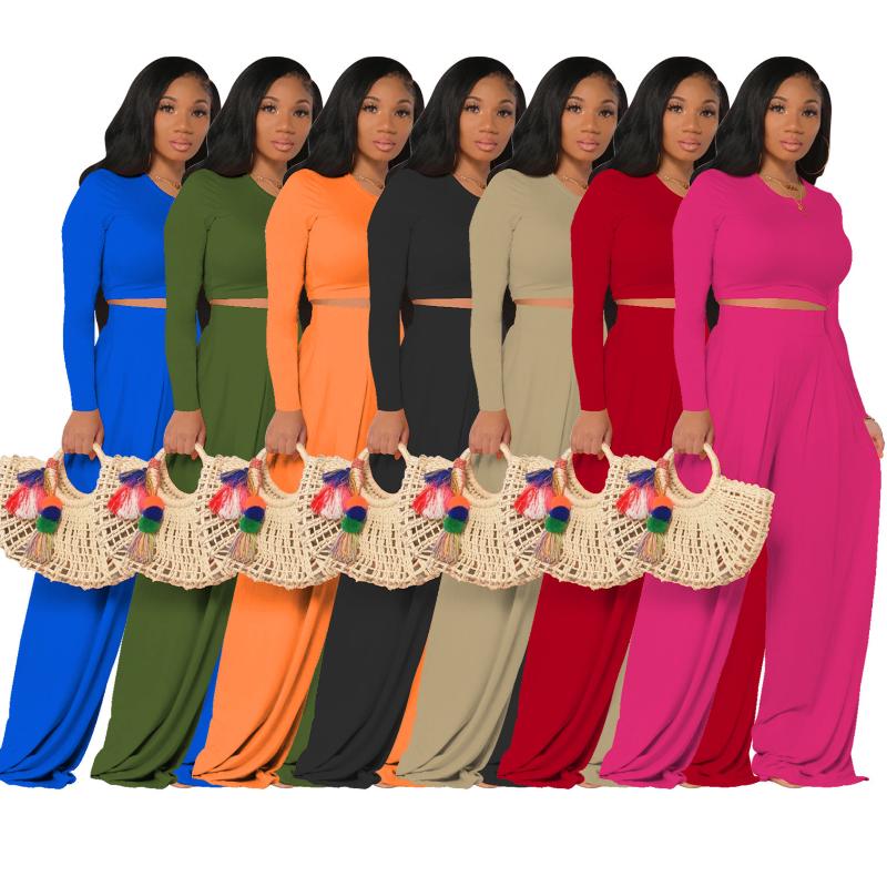 

Women' Two Piece Pants Casual Wide Leg Sets 2 Pieces Outifts Autumn Long Sleeve O Neck Crop Top Women Solid Tracksuit Elegant Joggers Suits, Green