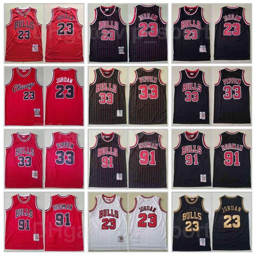 

Retro Basketball Mitchell Ness Dennis Rodman Jersey 91 Scottie Pippen 33 Michael 23 Vintage Team Red White Stripe Black Stitch Good Quality, 23 black